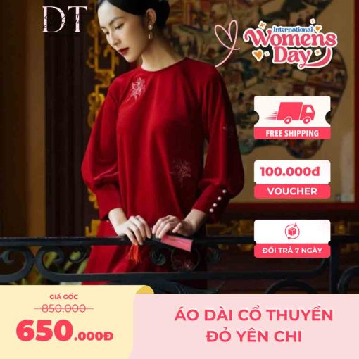 Áo dài cổ thuyền đỏ yên chi 1