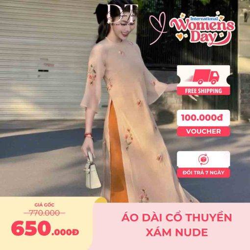 Áo dài cổ thuyền xám nude