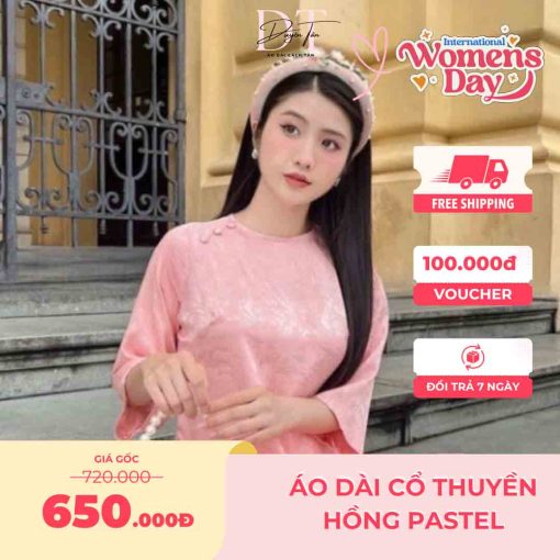 Áo dài cổ thuyền hồng pastel