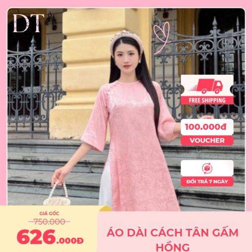 Áo dài cách tân gấm hồng